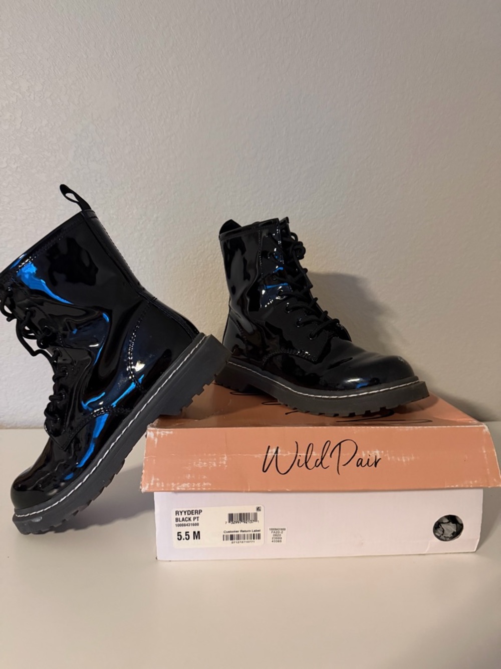 Wild Pair Black Patent Lace-Up Boots with Lug Sole